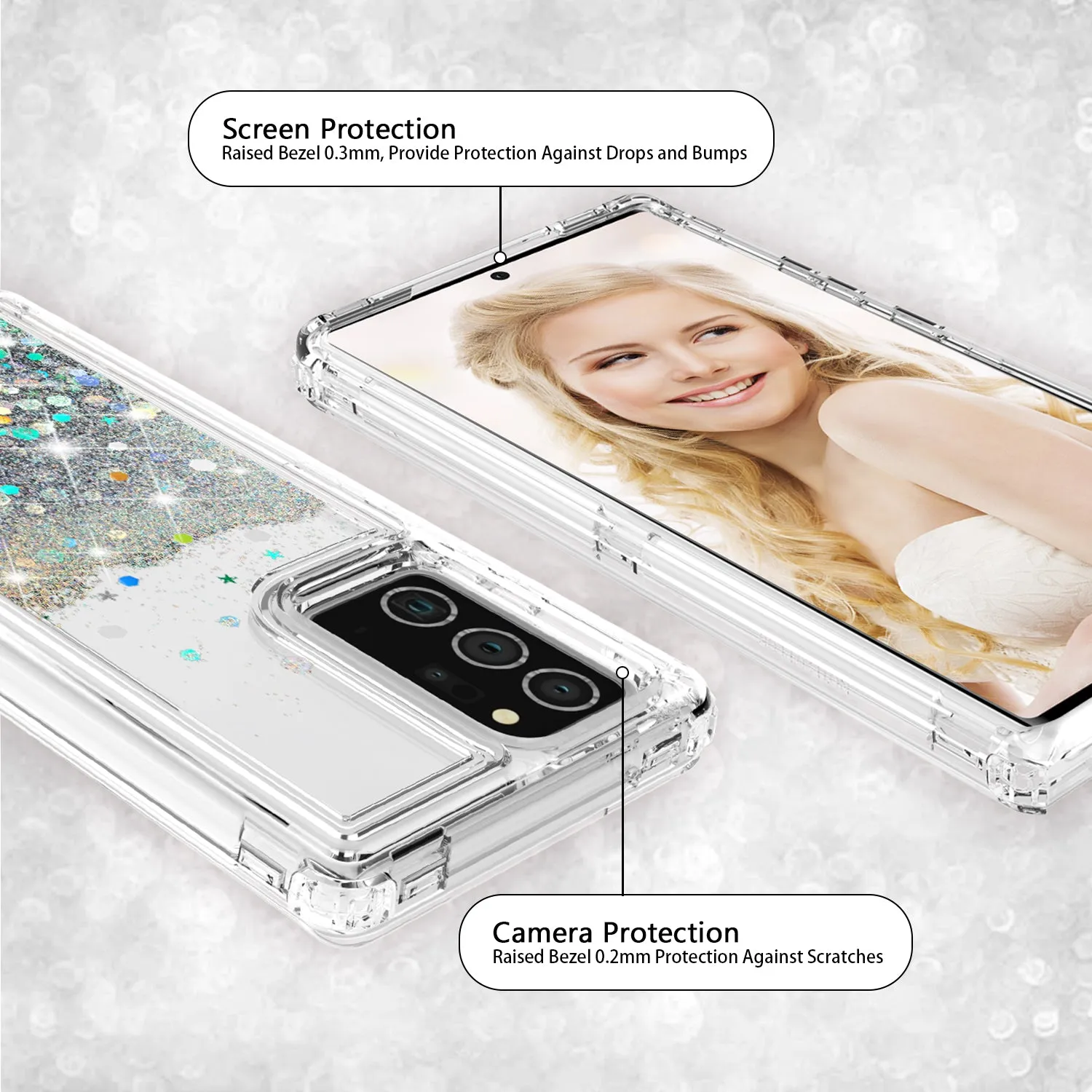Samsung Galaxy Note 20 Case,Hard Clear Glitter Sparkle Flowing Liquid Heavy Duty Shockproof Three Layer Protective Bling Girls Women Cases for Samsung Galaxy Note 20 - Clear