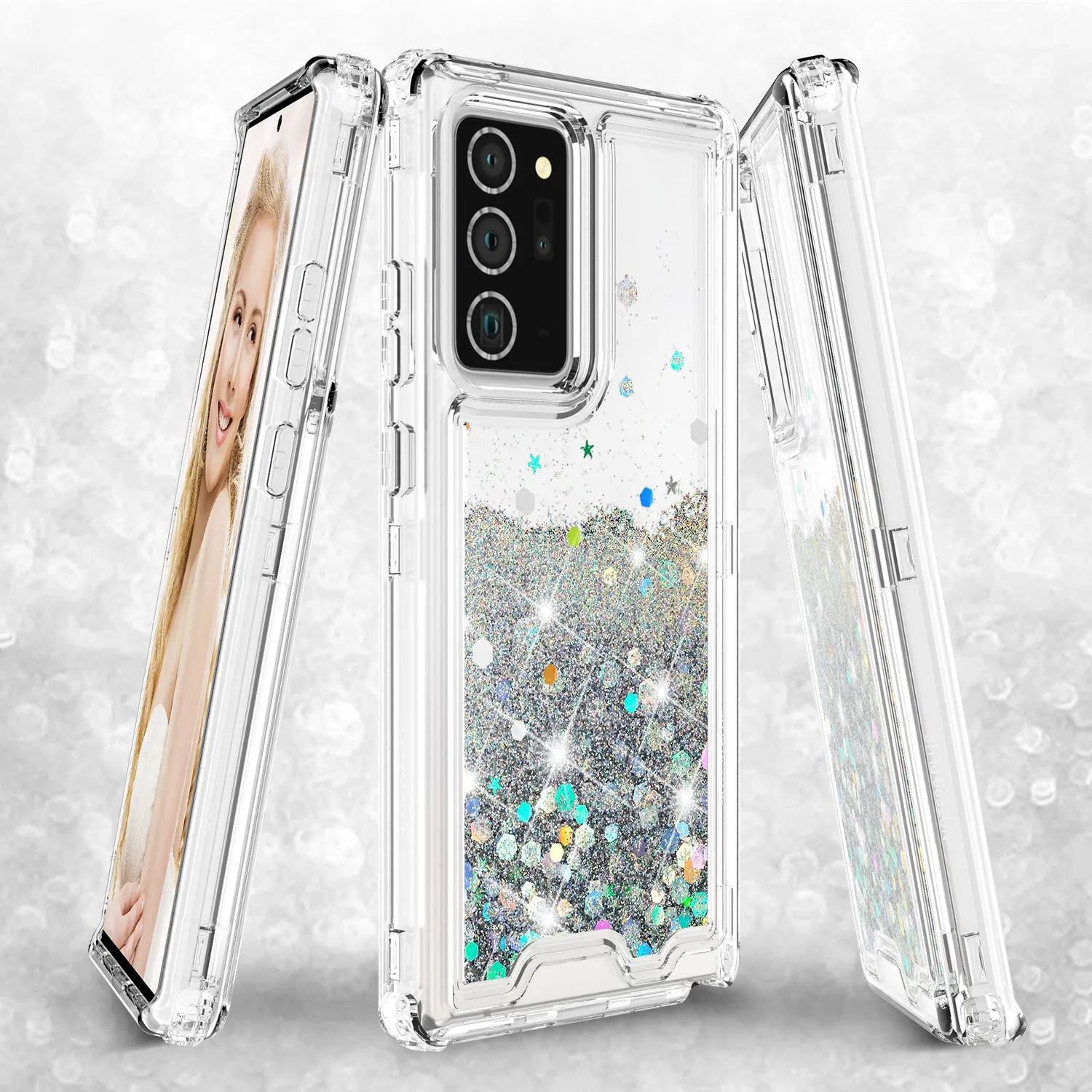 Samsung Galaxy Note 20 Case,Hard Clear Glitter Sparkle Flowing Liquid Heavy Duty Shockproof Three Layer Protective Bling Girls Women Cases for Samsung Galaxy Note 20 - Clear