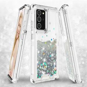 Samsung Galaxy Note 20 Case,Hard Clear Glitter Sparkle Flowing Liquid Heavy Duty Shockproof Three Layer Protective Bling Girls Women Cases for Samsung Galaxy Note 20 - Clear