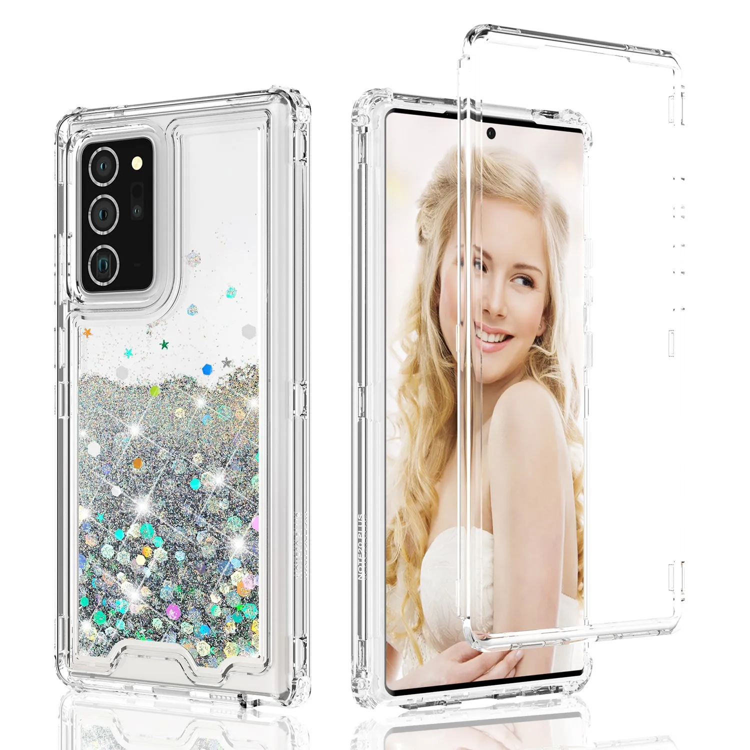 Samsung Galaxy Note 20 Case,Hard Clear Glitter Sparkle Flowing Liquid Heavy Duty Shockproof Three Layer Protective Bling Girls Women Cases for Samsung Galaxy Note 20 - Clear