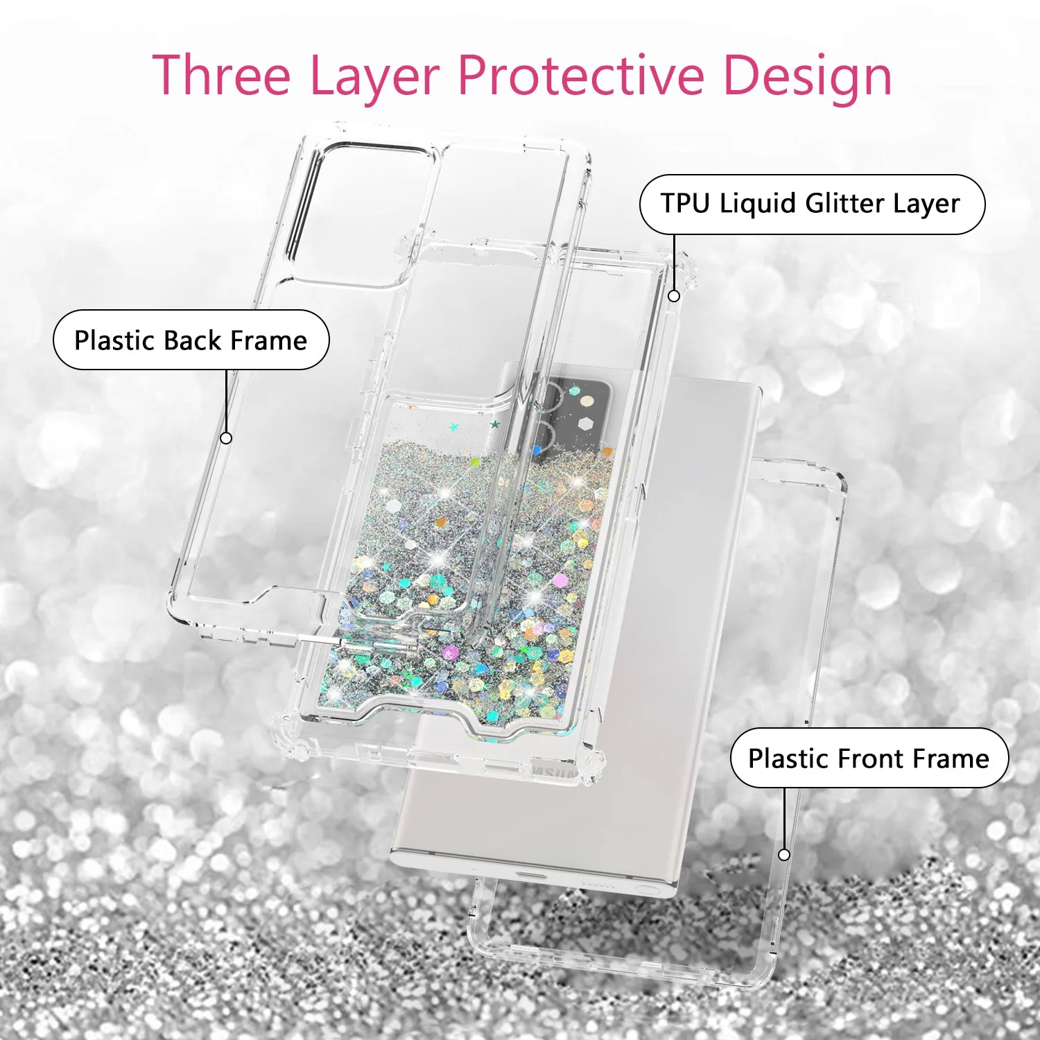 Samsung Galaxy Note 20 Case,Hard Clear Glitter Sparkle Flowing Liquid Heavy Duty Shockproof Three Layer Protective Bling Girls Women Cases for Samsung Galaxy Note 20 - Clear