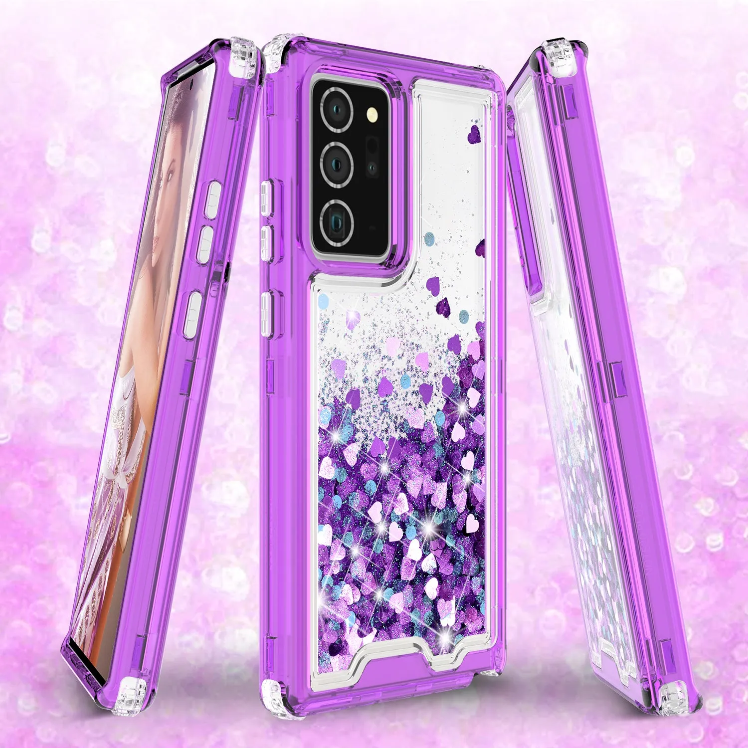 Samsung Galaxy Note 20 Case,Hard Clear Glitter Sparkle Flowing Liquid Heavy Duty Shockproof Three Layer Protective Bling Girls Women Cases for Samsung Galaxy Note 20 - Purple