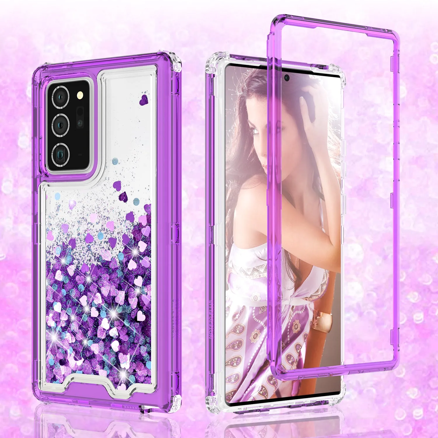 Samsung Galaxy Note 20 Case,Hard Clear Glitter Sparkle Flowing Liquid Heavy Duty Shockproof Three Layer Protective Bling Girls Women Cases for Samsung Galaxy Note 20 - Purple
