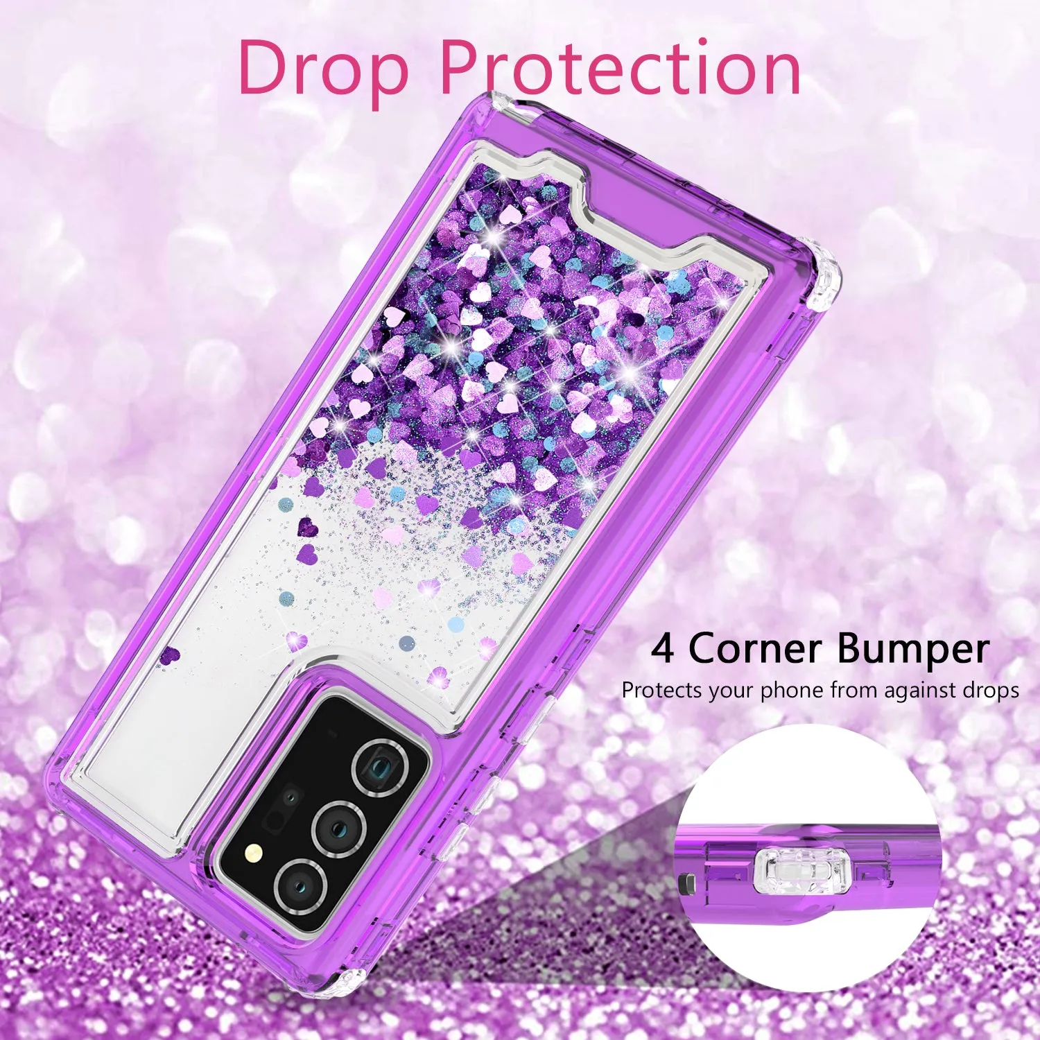 Samsung Galaxy Note 20 Case,Hard Clear Glitter Sparkle Flowing Liquid Heavy Duty Shockproof Three Layer Protective Bling Girls Women Cases for Samsung Galaxy Note 20 - Purple