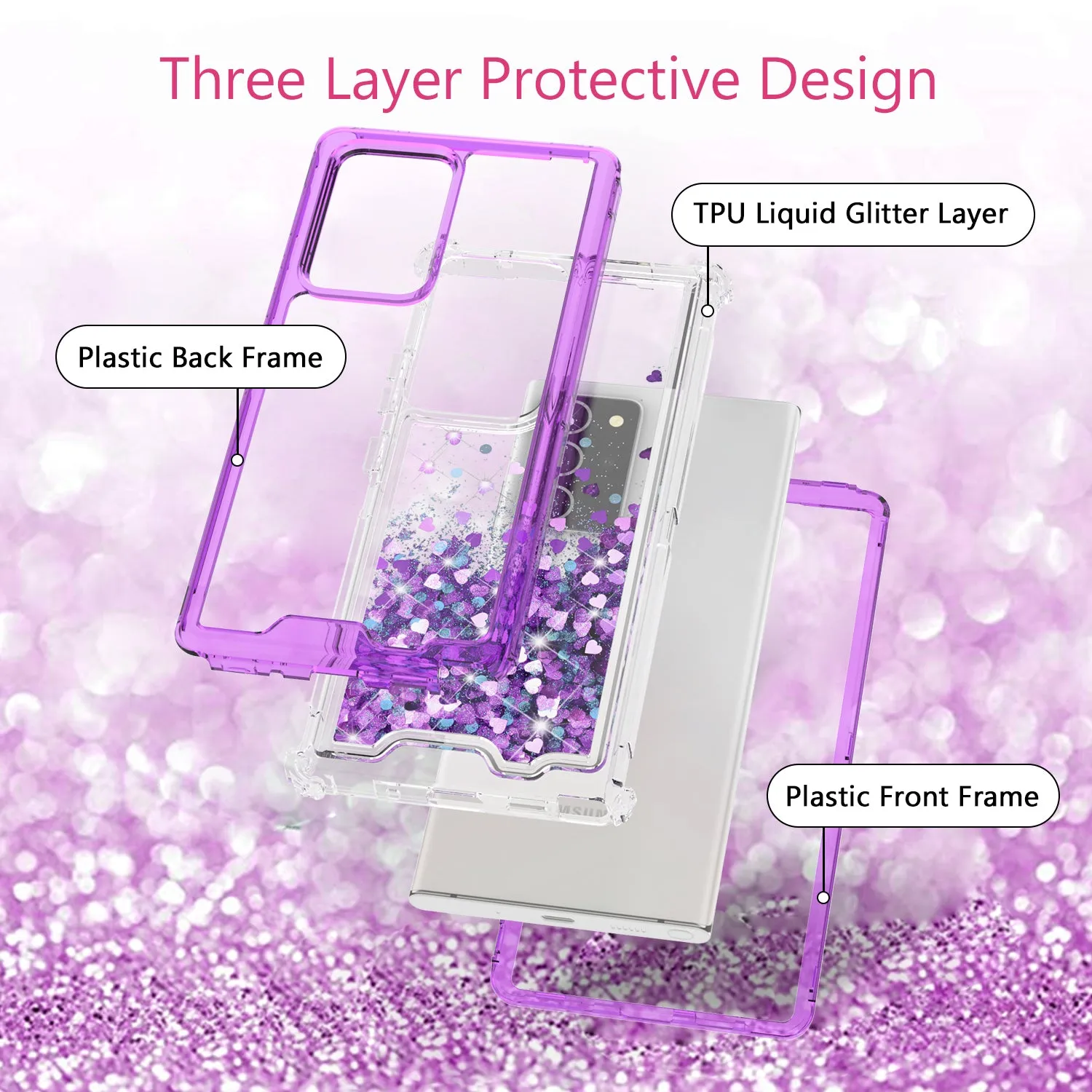 Samsung Galaxy Note 20 Case,Hard Clear Glitter Sparkle Flowing Liquid Heavy Duty Shockproof Three Layer Protective Bling Girls Women Cases for Samsung Galaxy Note 20 - Purple