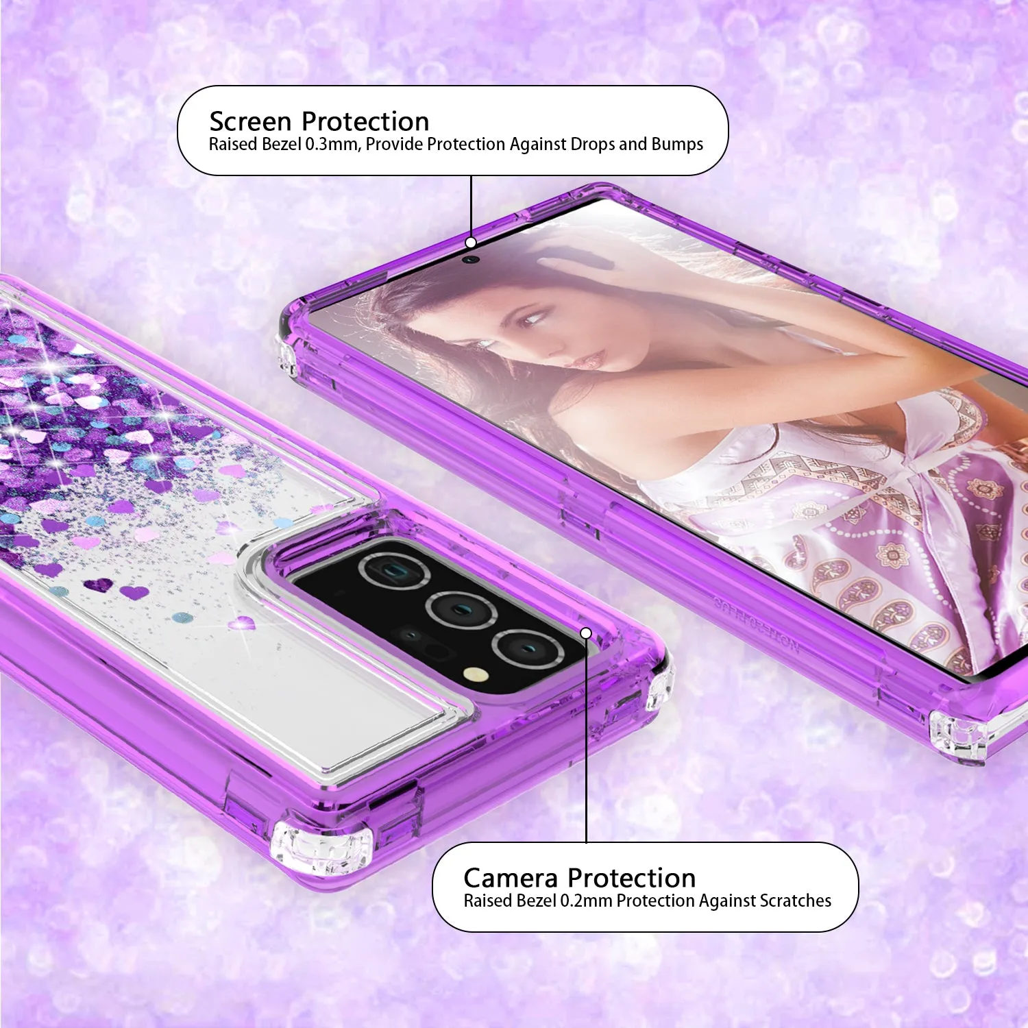 Samsung Galaxy Note 20 Case,Hard Clear Glitter Sparkle Flowing Liquid Heavy Duty Shockproof Three Layer Protective Bling Girls Women Cases for Samsung Galaxy Note 20 - Purple
