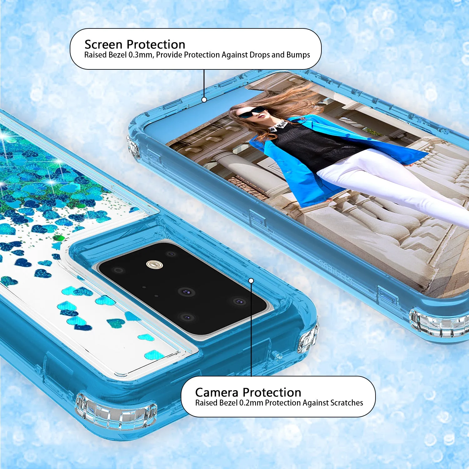 Samsung Galaxy S20 Case,Hard Clear Glitter Sparkle Flowing Liquid Heavy Duty Shockproof Three Layer Protective Bling Girls Women Cases for Samsung Galaxy S20 - Teal