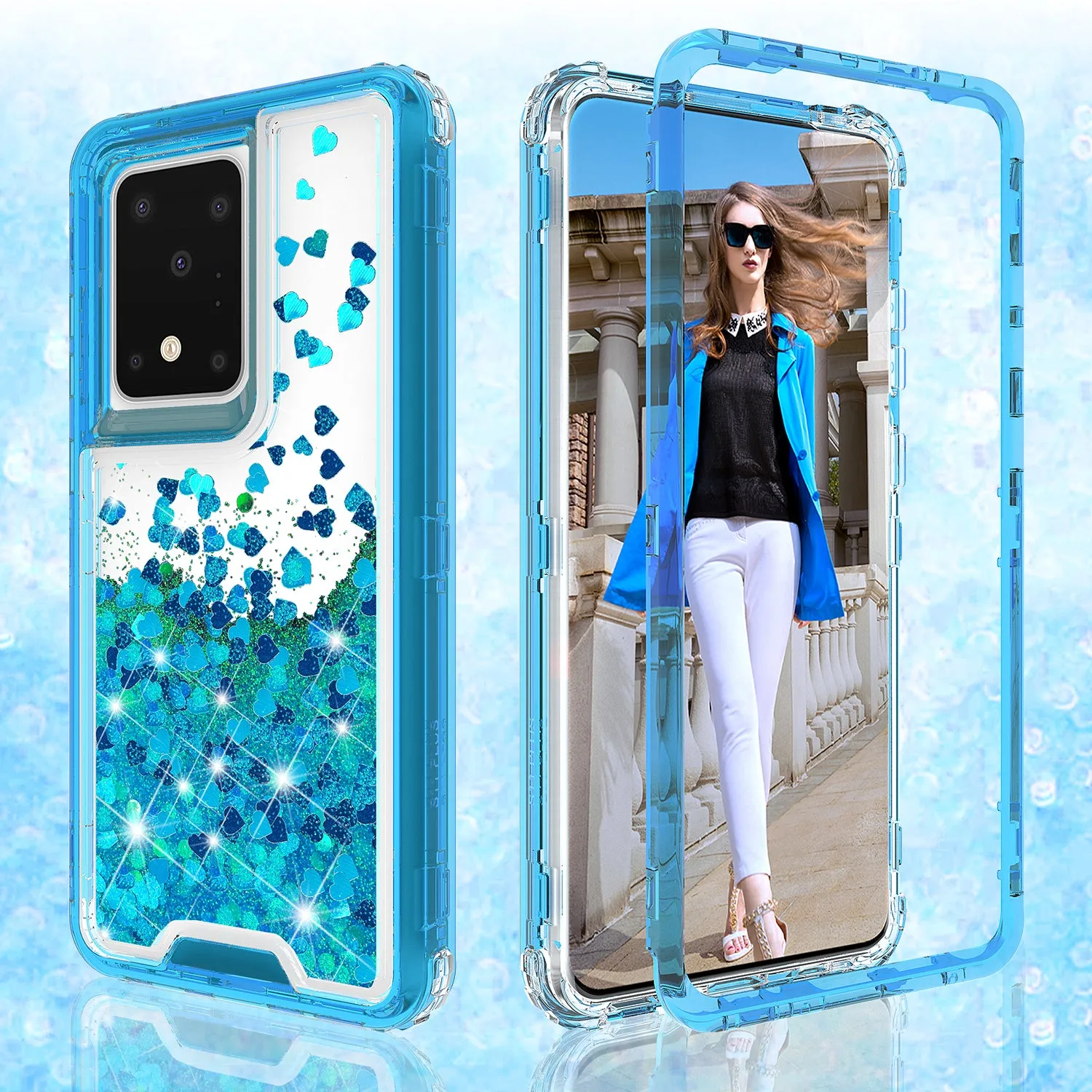 Samsung Galaxy S20 Case,Hard Clear Glitter Sparkle Flowing Liquid Heavy Duty Shockproof Three Layer Protective Bling Girls Women Cases for Samsung Galaxy S20 - Teal