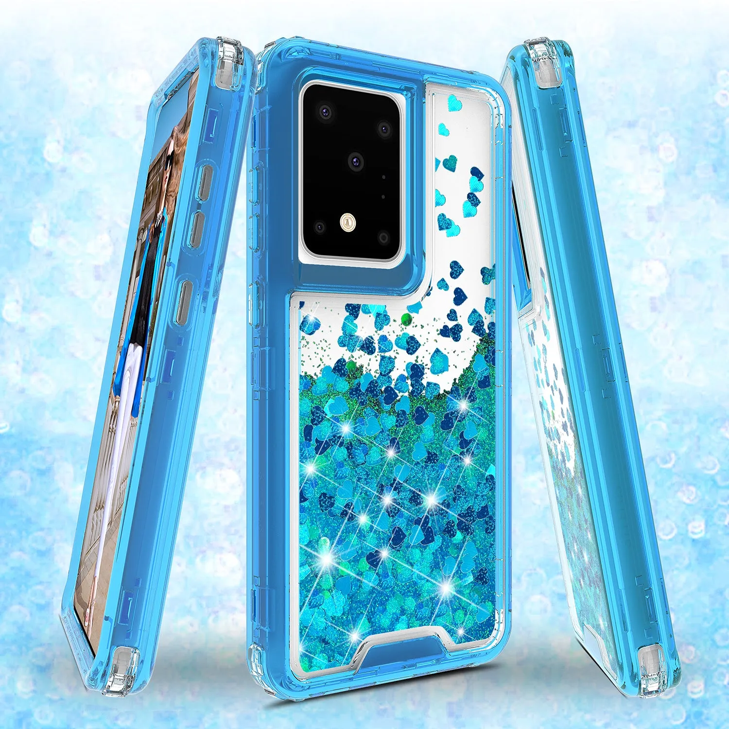 Samsung Galaxy S20 Case,Hard Clear Glitter Sparkle Flowing Liquid Heavy Duty Shockproof Three Layer Protective Bling Girls Women Cases for Samsung Galaxy S20 - Teal