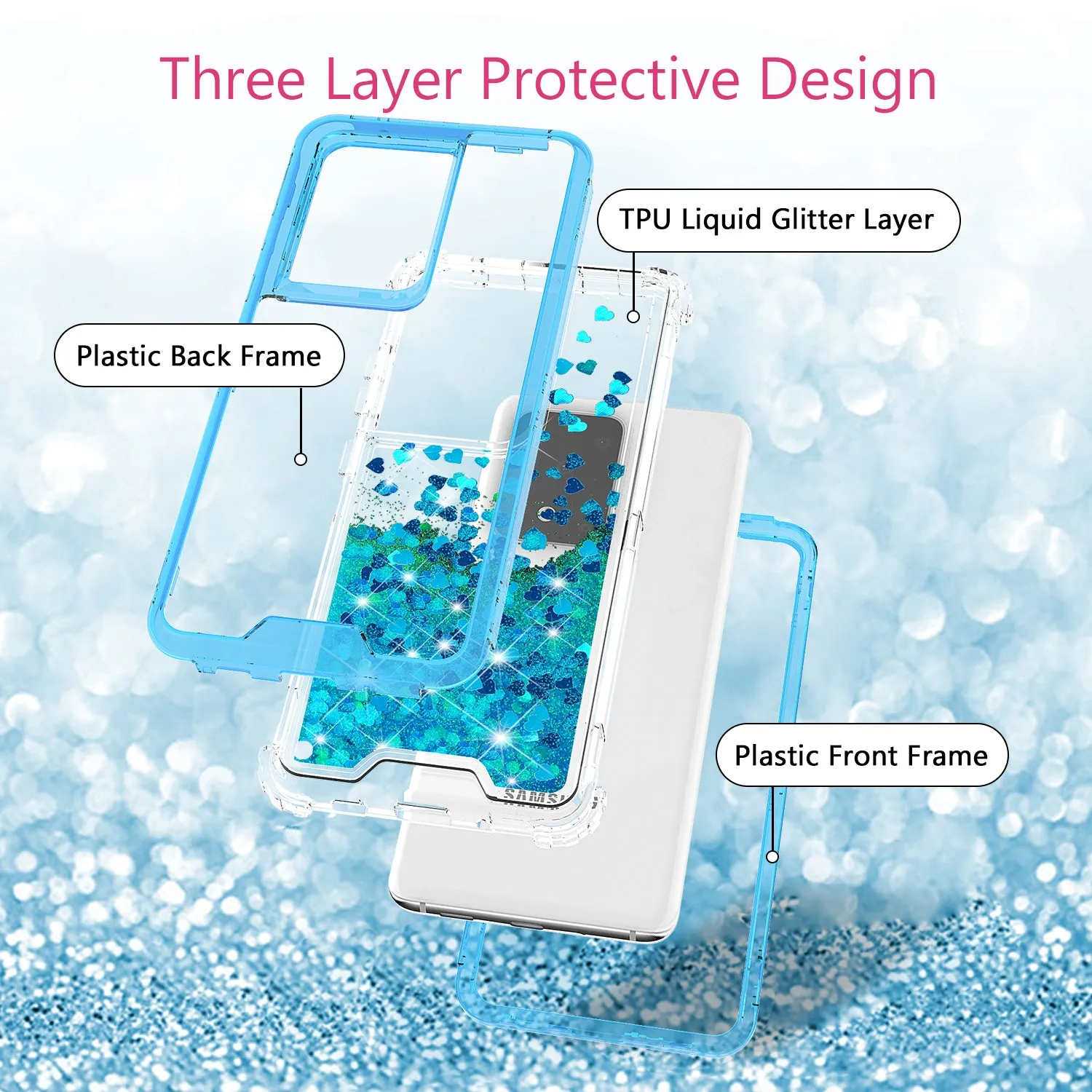 Samsung Galaxy S20 Case,Hard Clear Glitter Sparkle Flowing Liquid Heavy Duty Shockproof Three Layer Protective Bling Girls Women Cases for Samsung Galaxy S20 - Teal