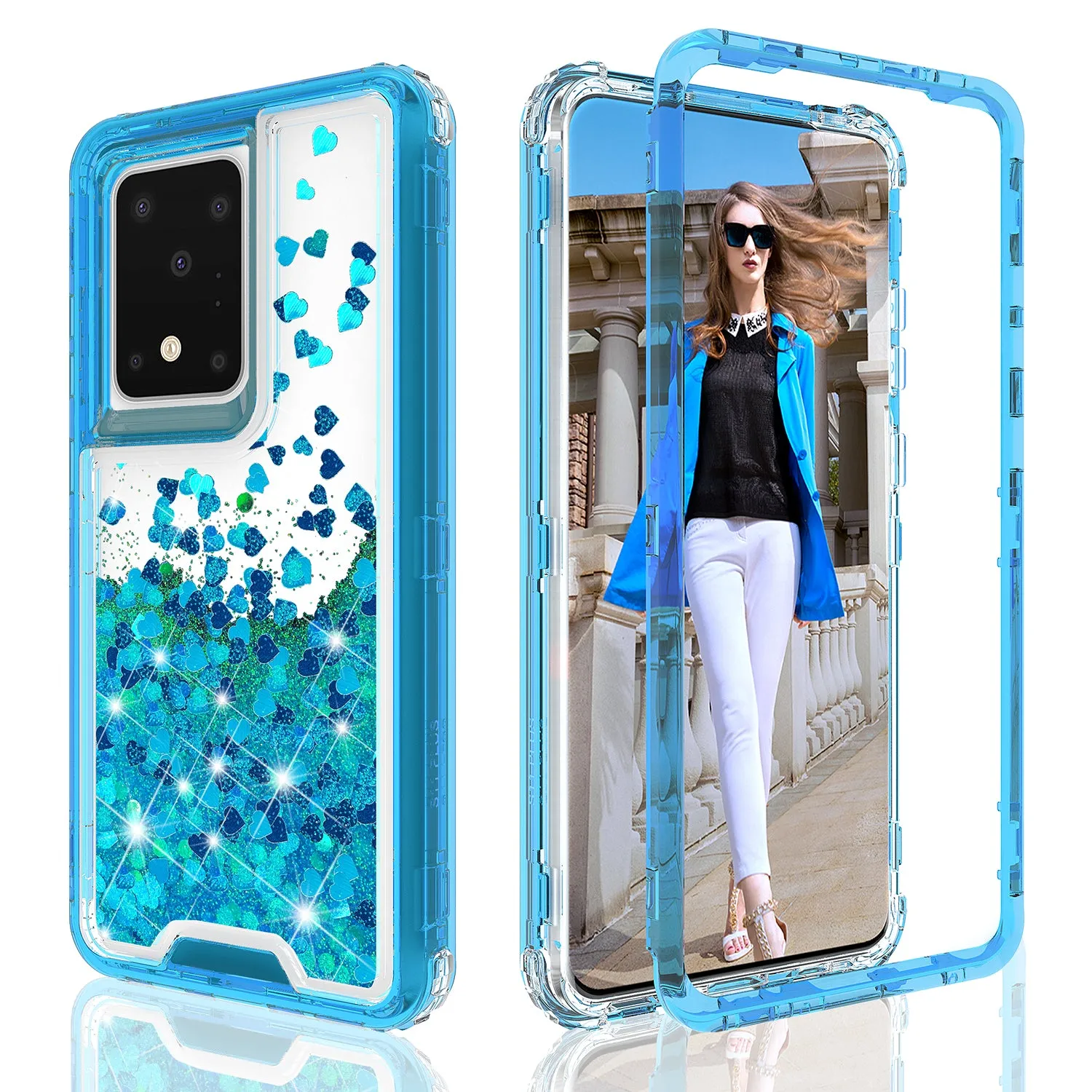 Samsung Galaxy S20 Case,Hard Clear Glitter Sparkle Flowing Liquid Heavy Duty Shockproof Three Layer Protective Bling Girls Women Cases for Samsung Galaxy S20 - Teal