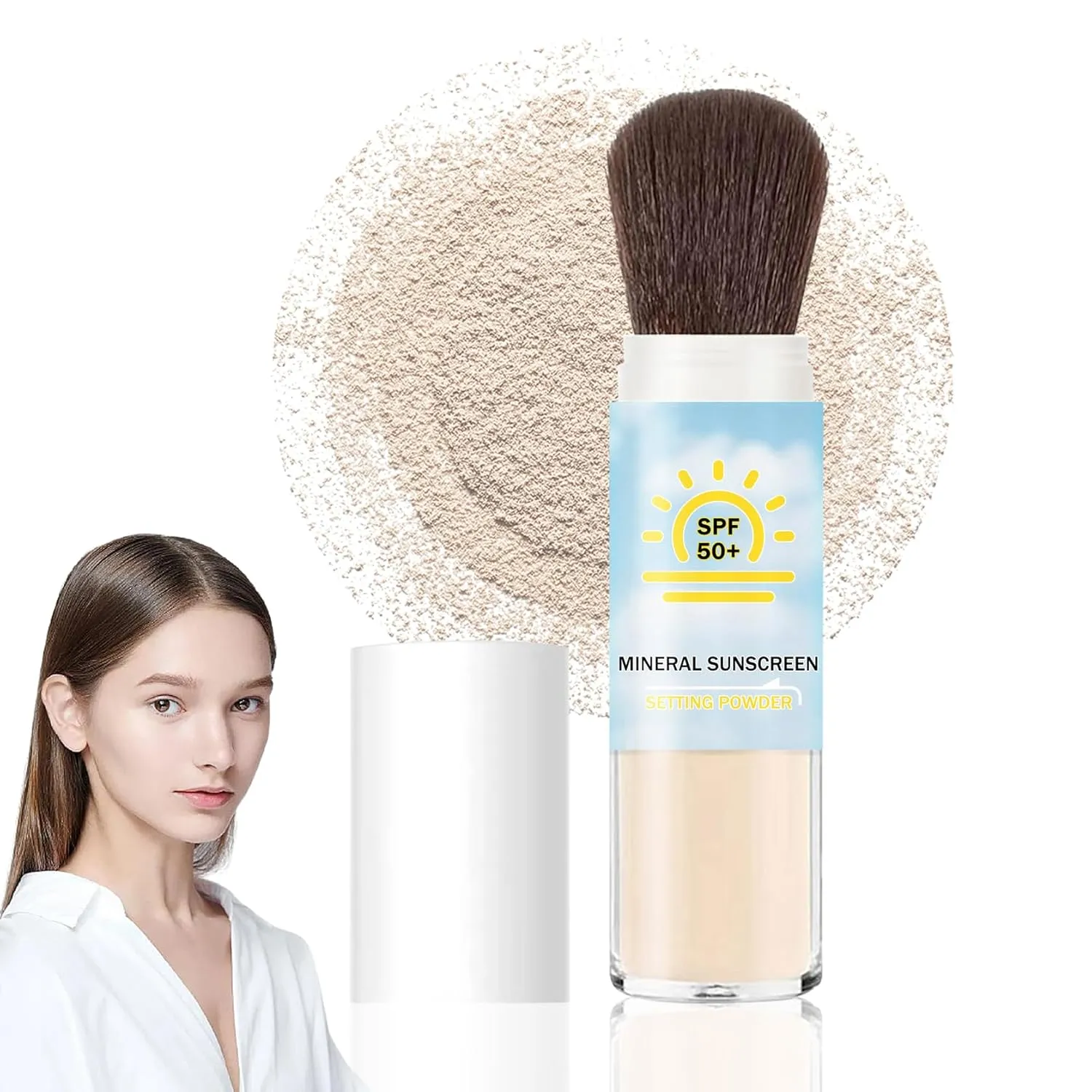 Sunscreen Setting Powder SPF 50  ,Translucent Mineral Sunscreen with Brush for Face Make Up,Oil Control Matte Finish,Lightweight Breathable Face Makeup Powder