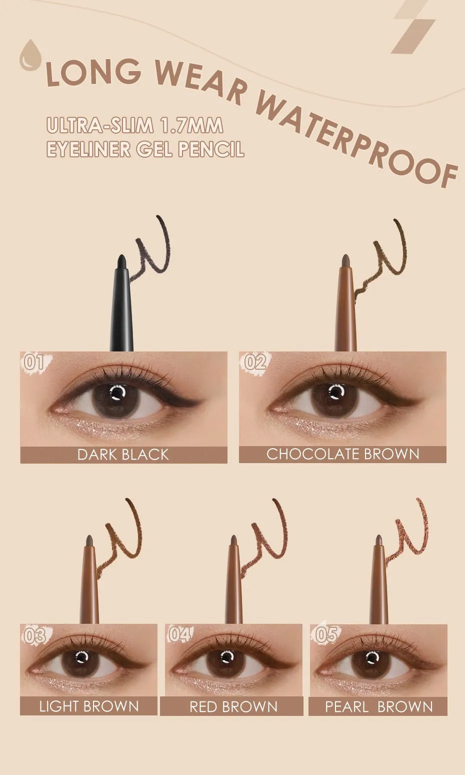 Waterproof Eyeliner Gel Ultra-slim 1.7mm Soft, High Pigment Professional