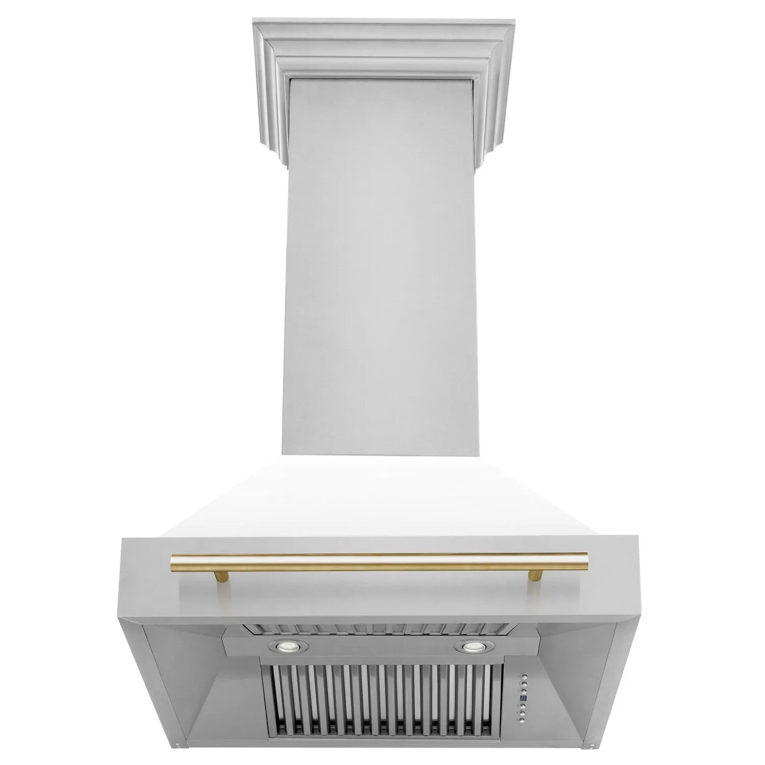 ZLINE 30" Autograph Edition DuraSnow® Stainless Steel Range Hood with White Matte Shell and Gold Handle (8654SNZ-WM30-G)